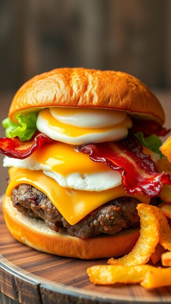 A hearty breakfast burger with beef patty, fried egg, cheese, and bacon on a toasted bun, served with hash browns.